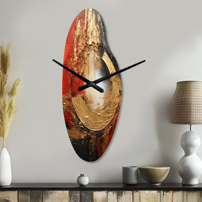 Red Gold Fusion Spiral II - Asymmetrical Modern Metal Wall Clock, Gold Wall Clock Print