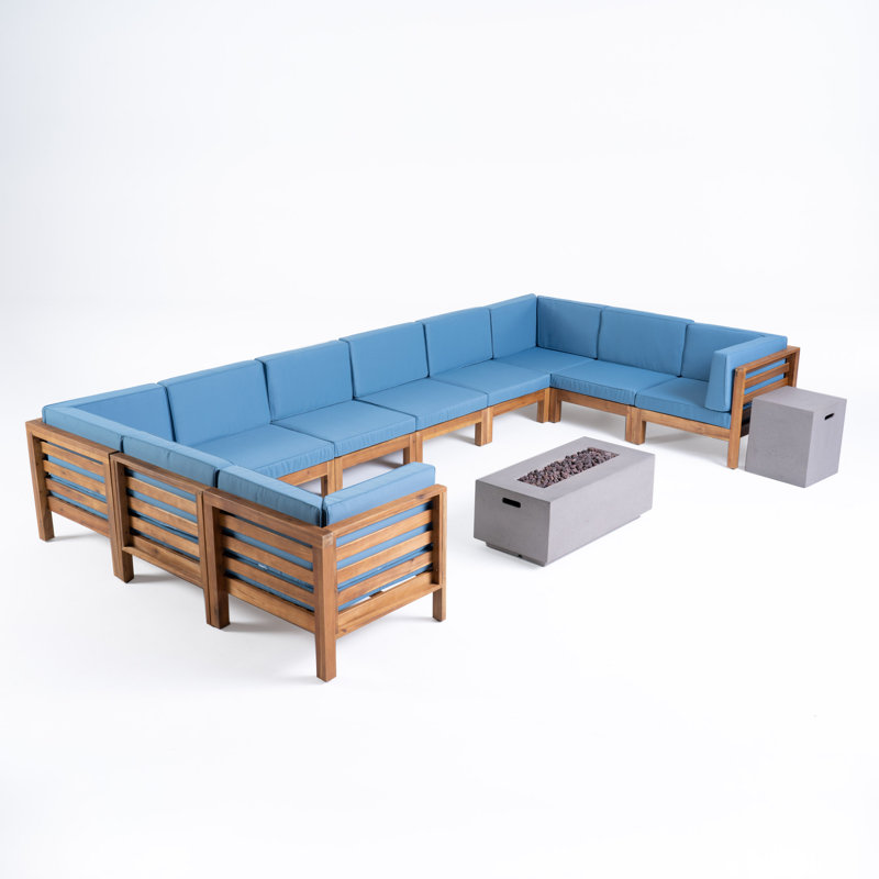 Ajanai Acacia 8 - Person Modular Patio Conversation Set with Cushions, Teak Frame / Blue Cushion