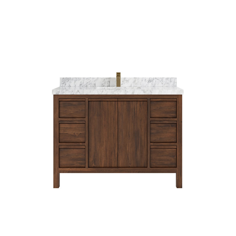 Ensemble de meuble-lavabo simple 48 po Teak, Marbre de Carrare