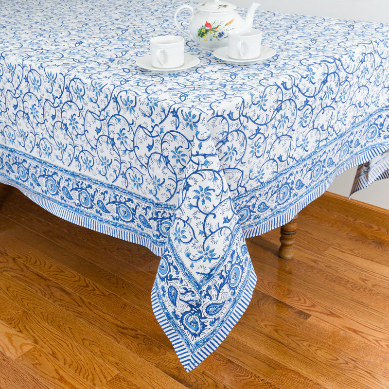 RAJASTHAN VINE BLUE AND WHITE 72" X 102" BLOCK PRINTED TABLECLOTH