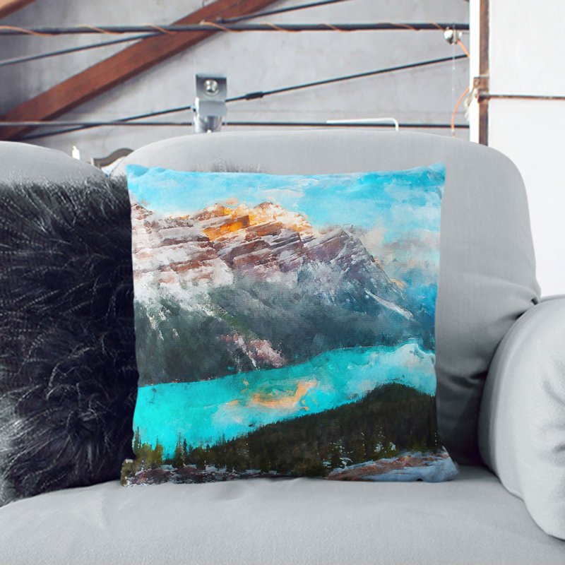 Peyto Lake In Canada Painting Square Throw Cushion, 40cm H x 40cm W x 15cm D, White