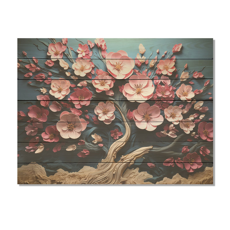 Arbre dynamique sur pétales blanches et roses I - impression sur bois, H 24 po x l 32 po