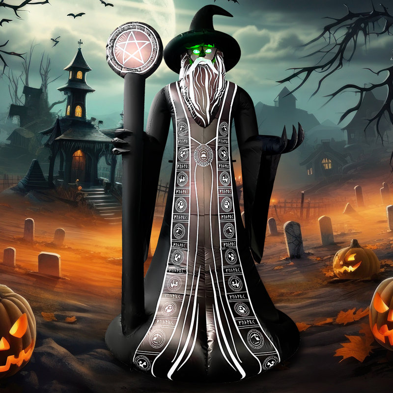 Magicien gonflable d'Halloween de 8 pi avec bâton magique et lumières DEL