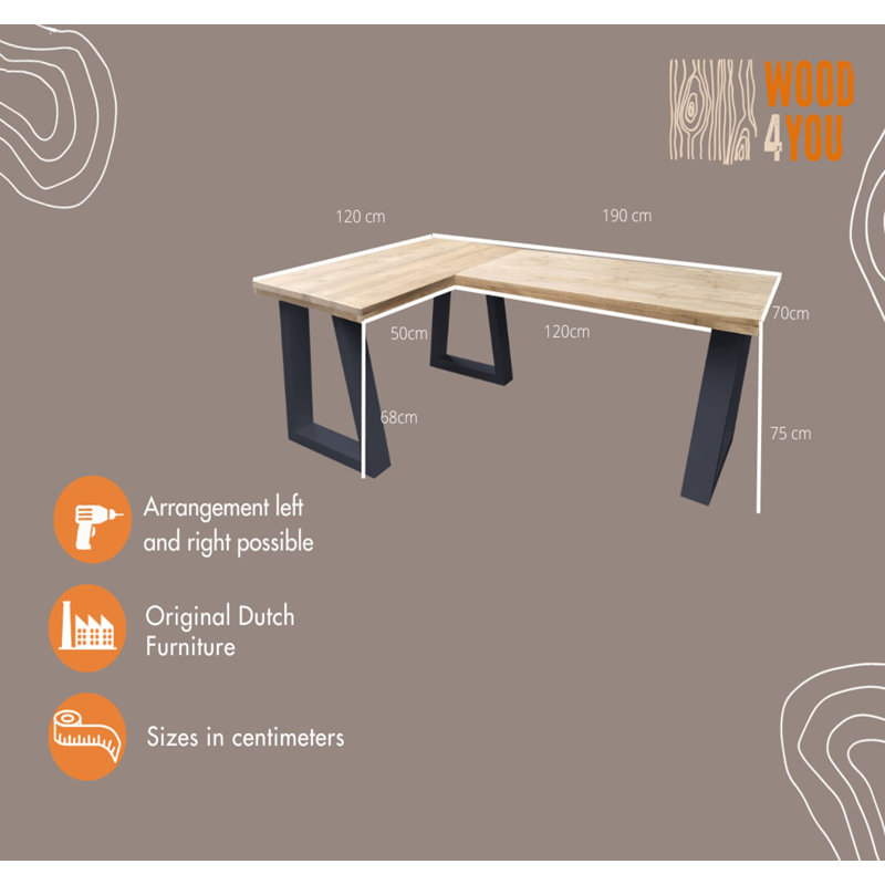 Millwright L-Shaped Writing Desk, 75cm H x 200cm W x 140cm D, Brown