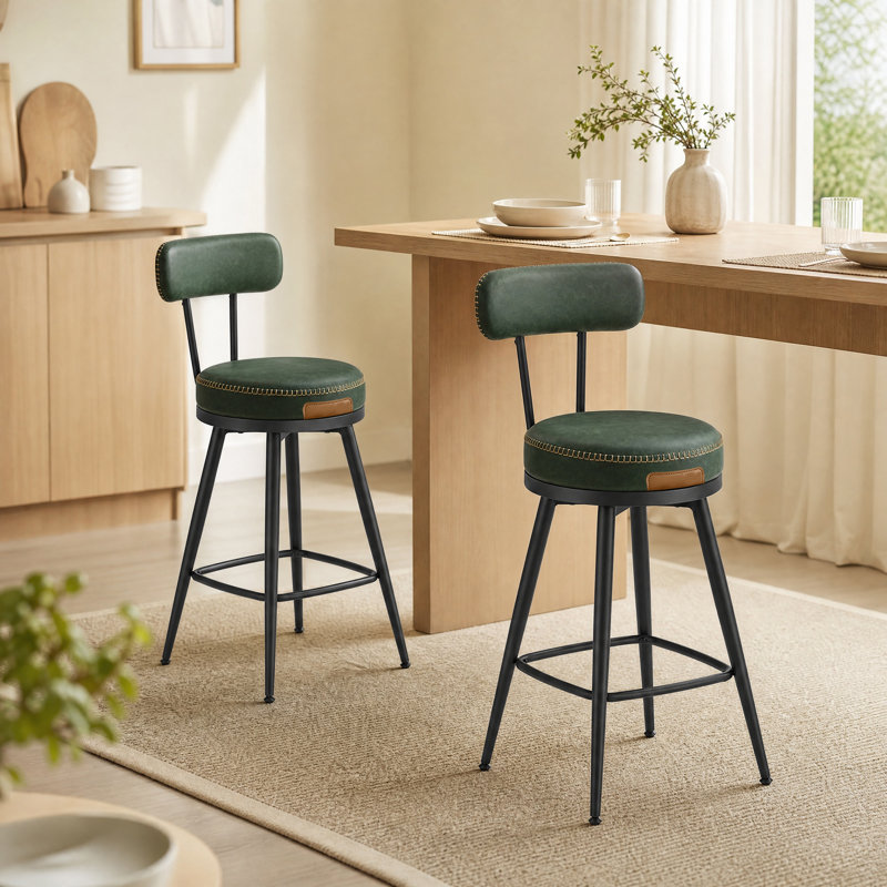 Tabourets Angelleah avec dossier, cuir synthétique, Vert, Tabouret de comptoir (siège d'une hauteur de 25,6