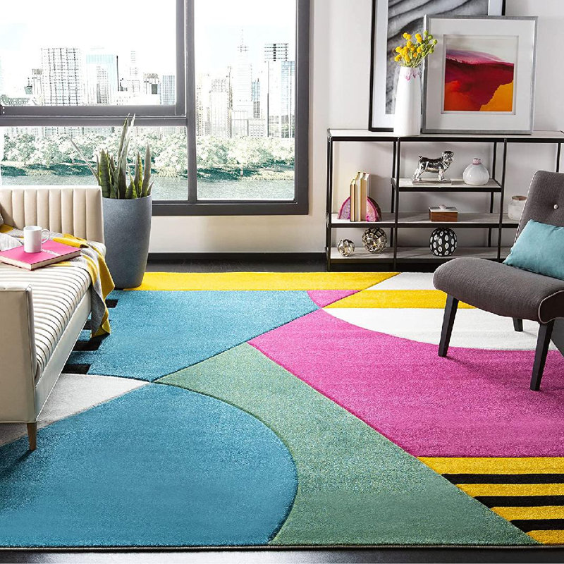 Tapis bleu paon / fuchsia à motif abstrait Menelaus, Rectangle 9 pi x 12 pi
