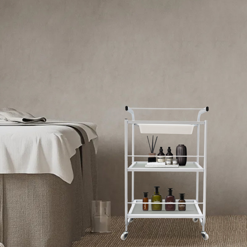 Chariot à roulettes à 3 niveaux avec 1 tiroir pour tablette de rangement (blanc), conception classique pour salon de coiffure, spa pour les ongles, maison et bureau