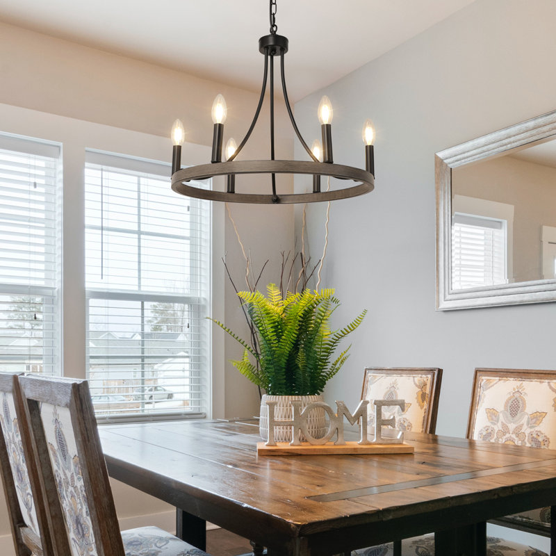 6 - Light Dimmable Wagon Wheel Chandelier, Weathered Wood