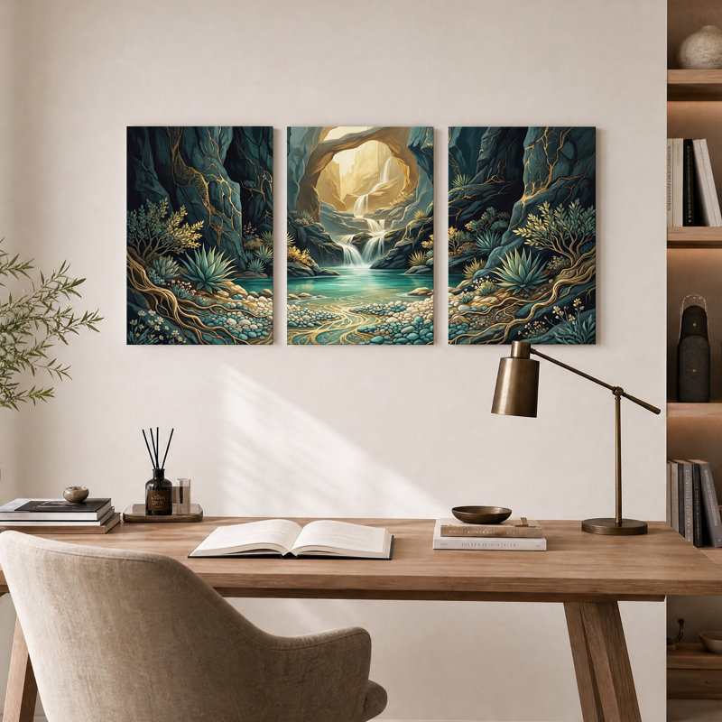 Ensemble de 3 toiles murales représentant une cascade turquoise sous une arche dorée ornée de plantes succulentes
