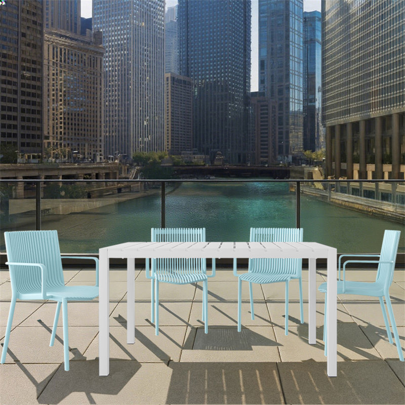 Holiday - 4Pcs Light Blue Stackable PP Armchair For Indoor/Outdoor Use – Ergonomic Slatted Back With 55 Inch White Modern Long Table - Indoor/Outdoor- Lightweight PP Tabletop With Metal