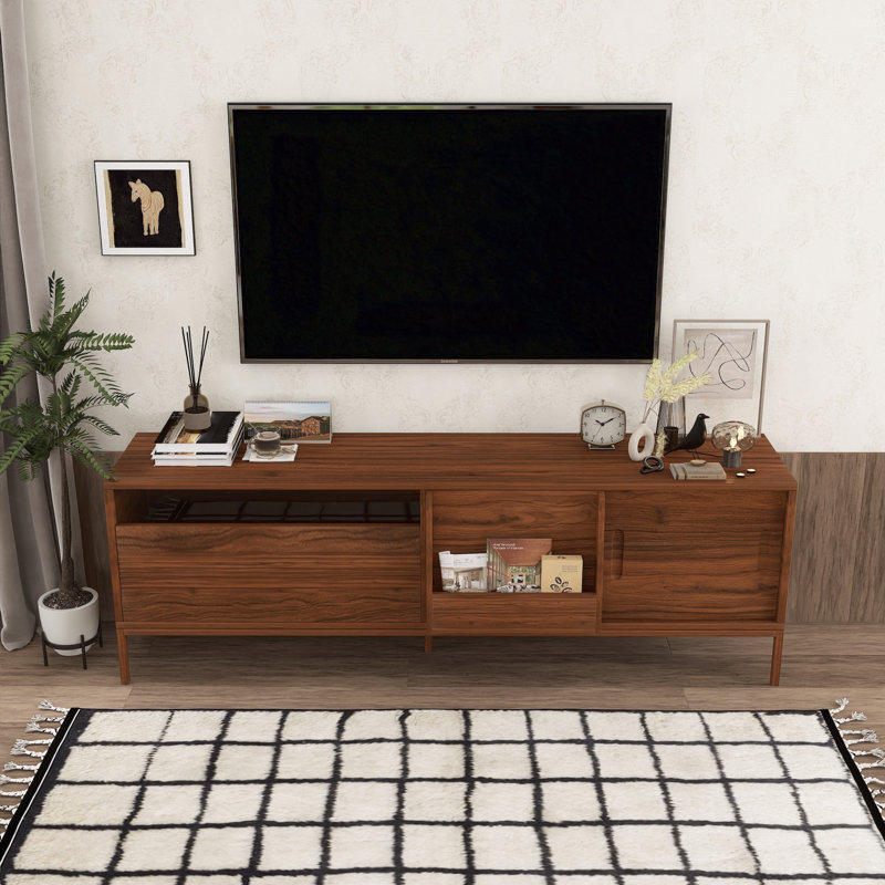 Meuble télé pour téléviseur de 75 po - Meuble audio-vidéo avec portes coulissantes et tablettes réglables, Brun