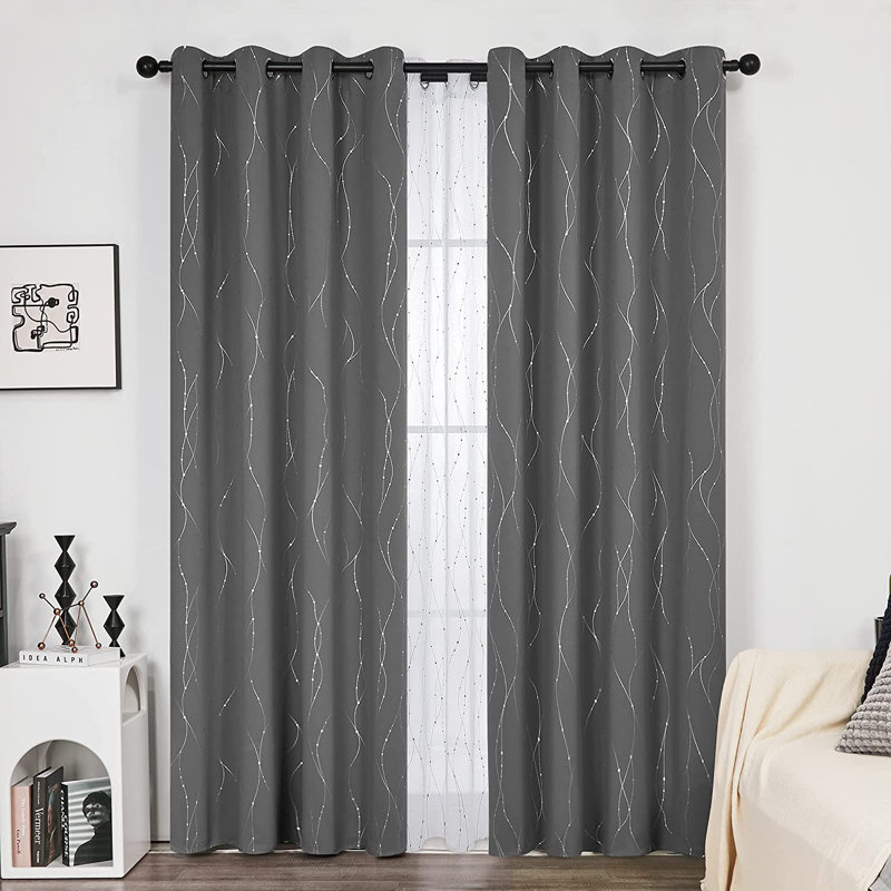Senath Dotted Line Foil Printed Room Darkening Thermal Curtains, 140cm W x 229cm D, Light Grey