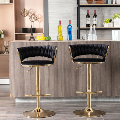 De 2 tabourets de bar à hauteur réglable, siège recouvert de tissu avec repose-pieds et base, pivotant pour les pieds en velours, comptoir de base