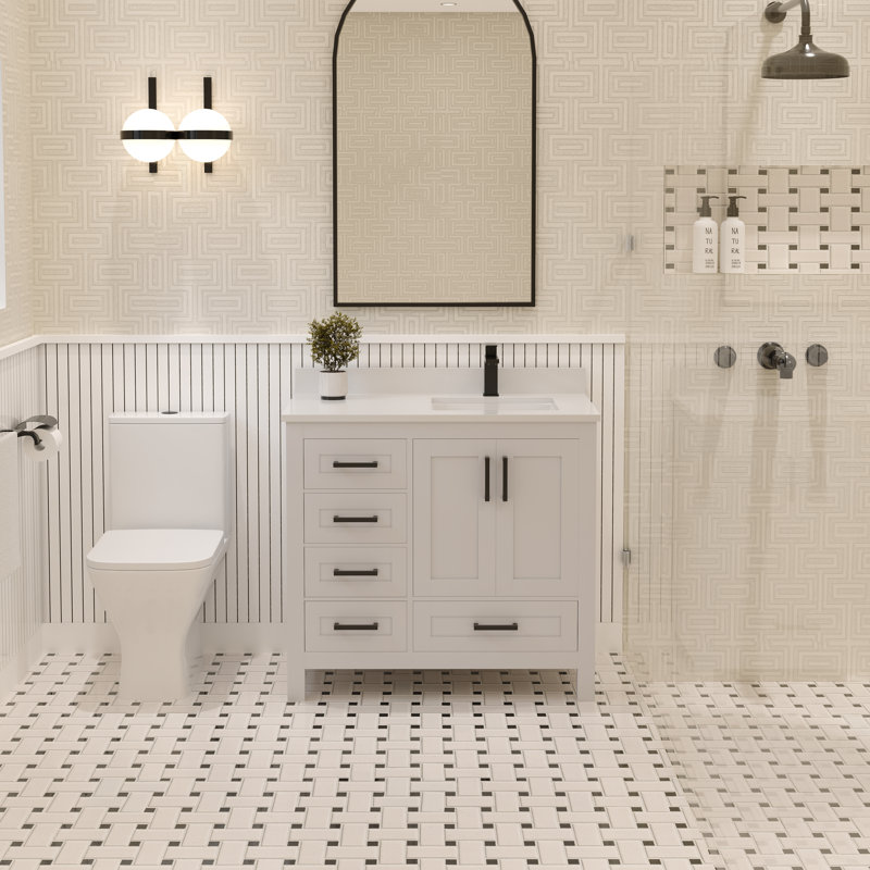 Meuble-lavabo simple 36 po avec plateau en quartz blanc Rooh, Blanc, Noir mat