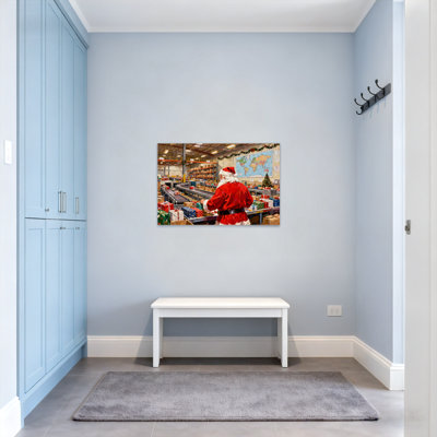 Christmas Santa Claus In Workshop With Gifts And Conveyor Belt