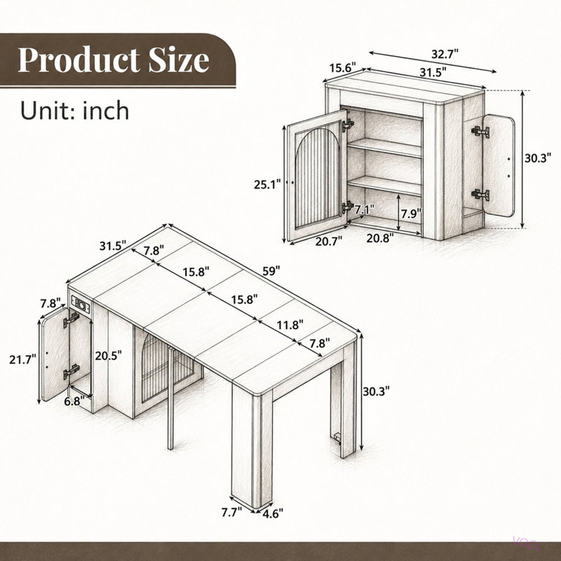 Table de salle à manger extensible avec 3 rallonges amovibles, table d'îlot mobile avec prise de courant, armoire avec rangement pour la salle à manger et le salon