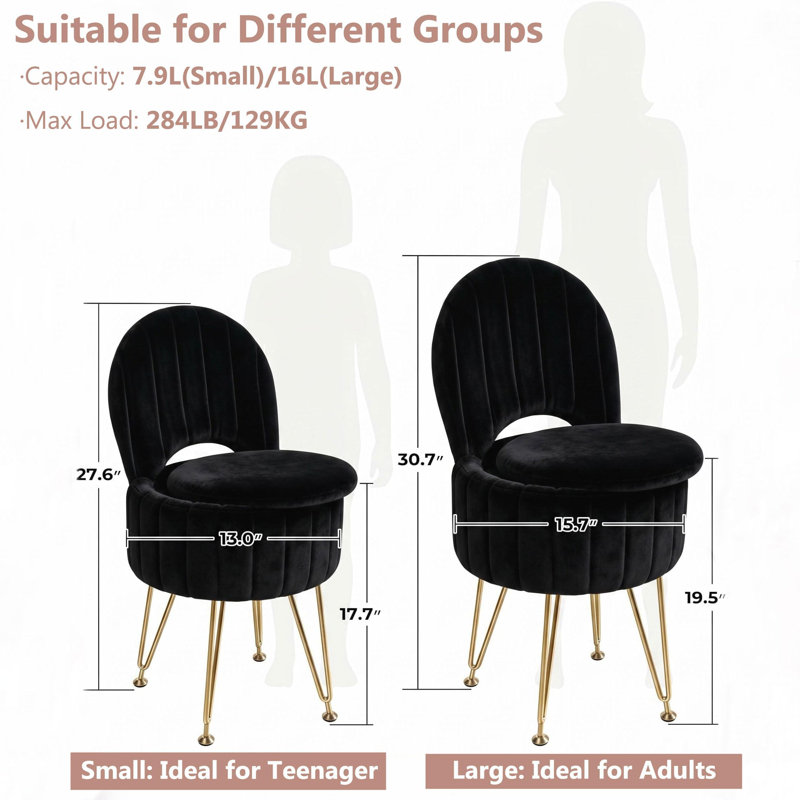 Tabouret de coiffeuse noir avec dossier et rangement dissimulé, fauteuil de maquillage pliable en fausse fourrure avec siège en mousse à mémoire de forme et structure en métal doré, grand