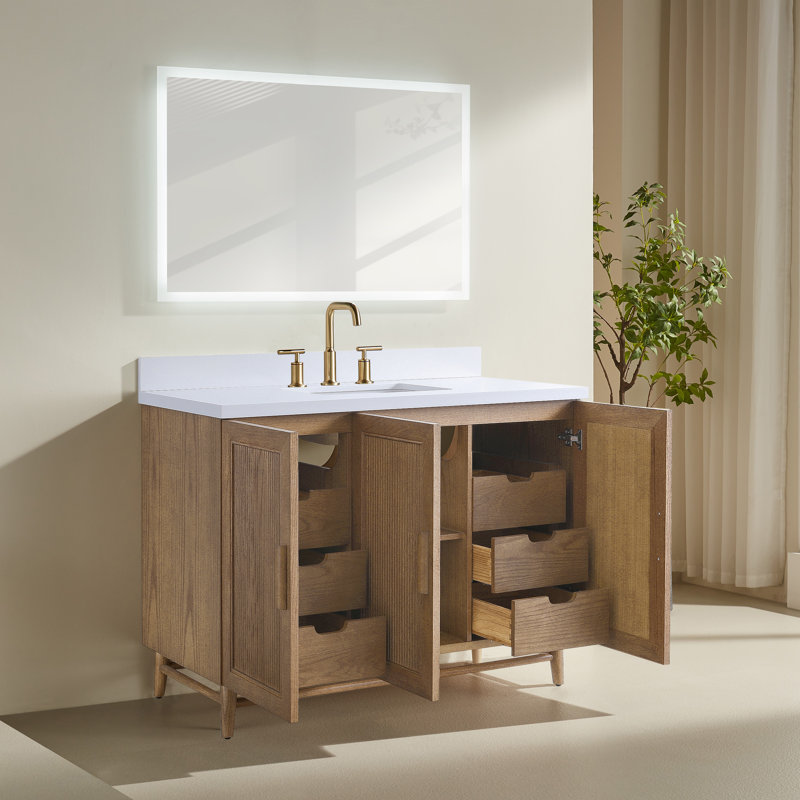 Meuble-lavabo de salle de bain autoportant 48 po entièrement assemblé avec plateau en bois massif et plateau blanc entièrement assemblé