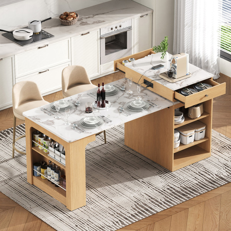 59.5"Kitchen Island With Extendable Dining Table, Natural