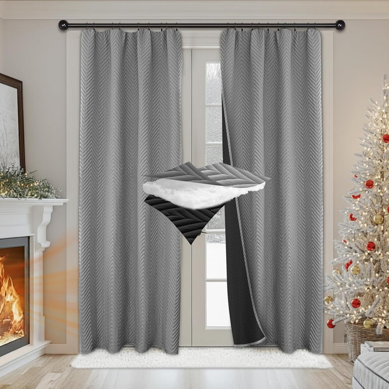 Quilted Blackout Curtains Heavy-Duty Curtains Panel with 3 Layers Fabric Thermal Winter Window Drapes for Living Room, Gray