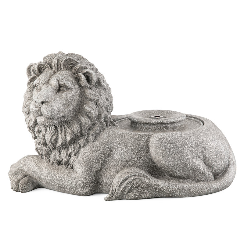 20"L Zen-Style Lying Lion Polyresin Outdoor Fountain With Pump And LED Light (KD)