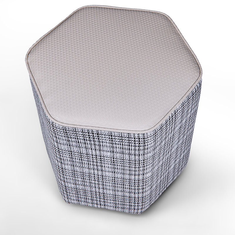Fully Assembled Faux Leather and Textured Basketweave Round Ottoman, Gray