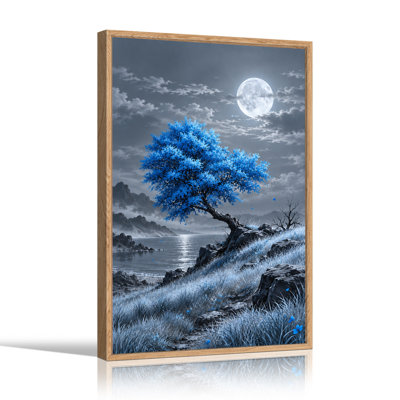Arbre bleu sur le rivage rocheux sous la pleine lune - Tableau sur toile