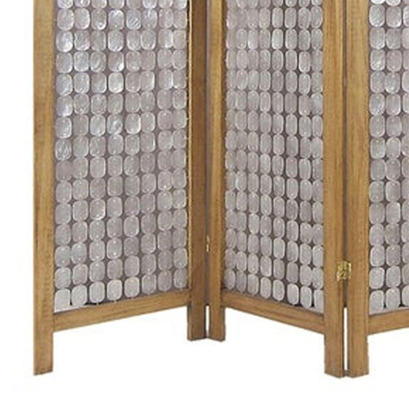 3-Panel Brown and Silver Wooden Folding Screen with Pearl Motif