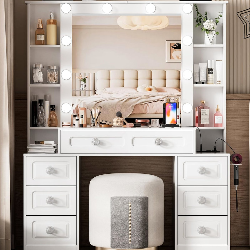 Coiffeuse avec miroir, lumières, plateau en verre, 7 tiroirs, banc de charge et tabouret pour femmes