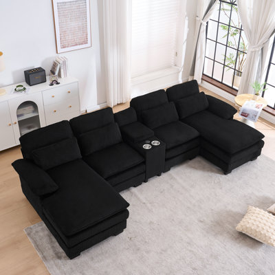 124'' U-shaped Sectional Sofa, 4-Seater Modular Sofa, Living Room Cloud Couch With Center Console, Cup Holder, And Pillow