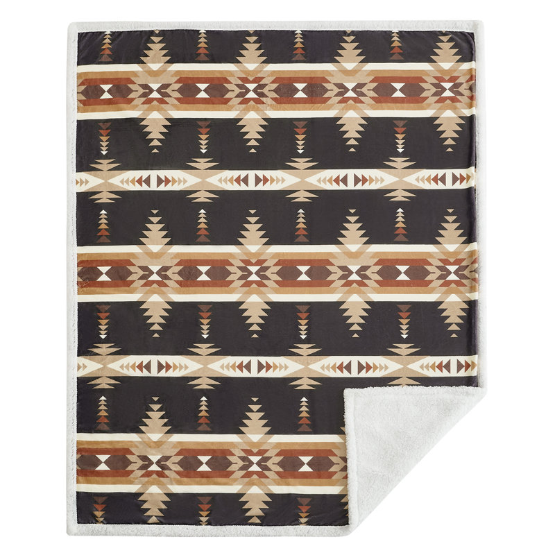 Southwestern Aztec Black and Brown Sherpa Fleece Throw Blanket, 54x68 inch