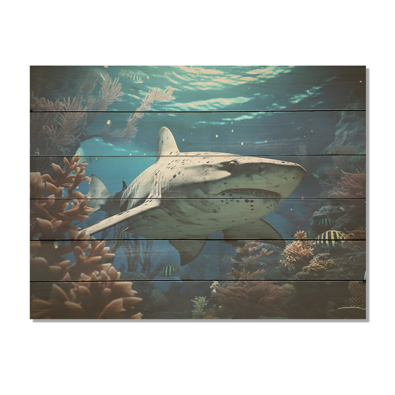 Coral Sharks Ballet - Coastal Coral Under Water Wood Wall Art On Natural Pine Wood, 30" H x 40" W