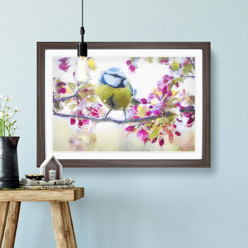 Blue Tit Bird in Spring in Abstract - Picture Frame Painting Print, Walnut Framed, 27cm H x 36cm W x 2cm D
