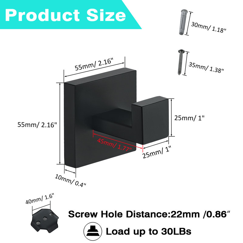 Wall Mounted Towel Hooks Bathroom Towel Hooks, Matte Black, 4