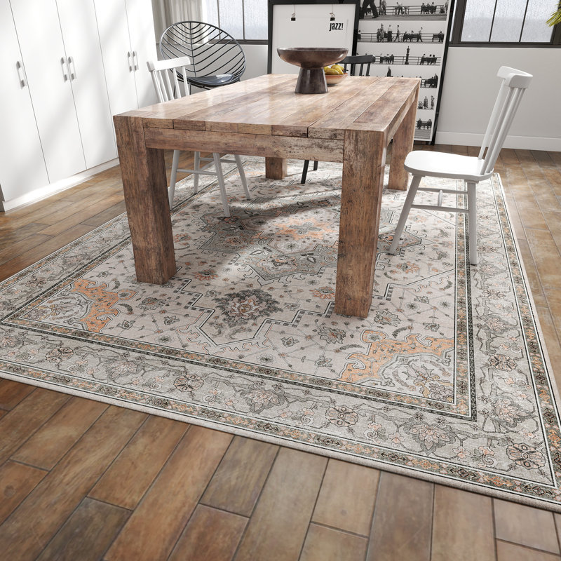 Living Room Rug 7x10 ft Grey and Brown Area Rug Machine Washable Rug, Non Slip Vintage Rug Stain Resistant Indoor Large Carpet for Bedroom, Boho Rug, Distressed Retro Floor Rug for Classroom, Dorm, Dining Room