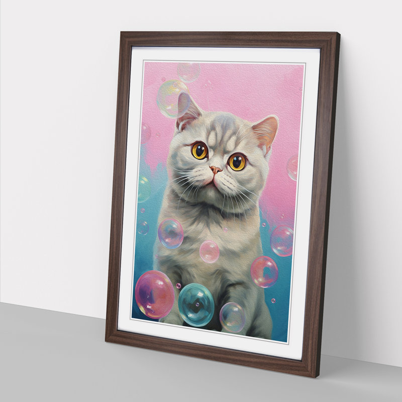 Cat Bubble Gum No.2 - Single Picture Frame Print on Wood, 34cm H x 25cm W x 2cm D, Walnut Framed