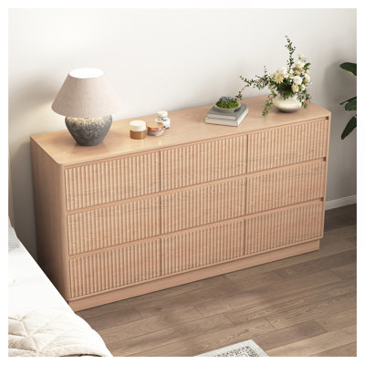 Commode 9 tiroirs pour chambre à coucher avec grands tiroirs, commode en bois, grande commode de plancher, long meuble télé moderne, table d'appoint avec rangement Mid-Century, naturel