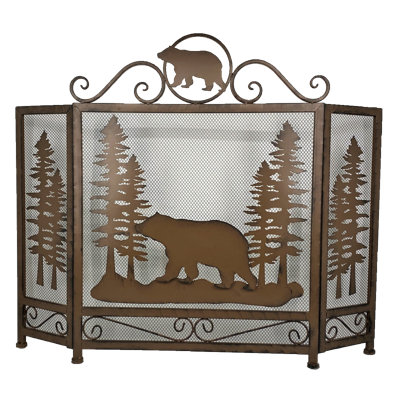 Metal Rustic Fireplace Screen 3-Panel Bear in Forest Design