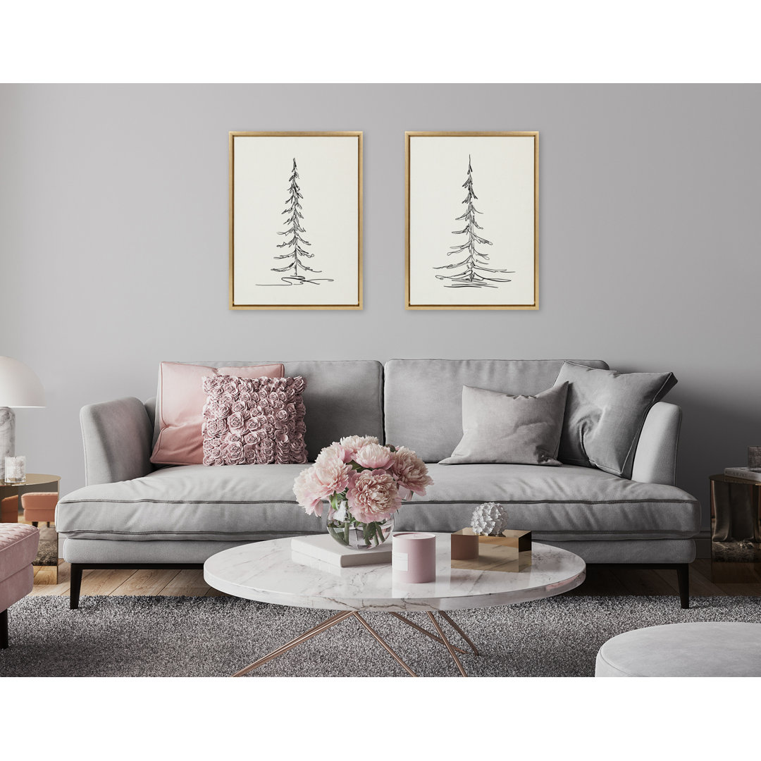 Drumheller Minimalist Evergreen Trees Sketch 1 and Minimalist Evergreen Trees Sketch 2 by The Creative Bunch Studio - 2 Piece Floater Frame Drawing Print Print Set on Canvas Lark Manor™ 