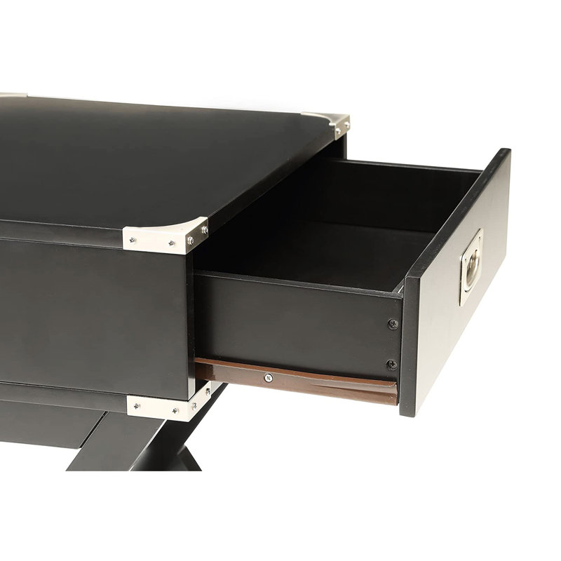 Black Square Kd Side Table With Metal Corners, Wooden Top, "X" Shape Base, Crossbar, 16 In Width, 24 Tall, Drawer Storage Of Shape, Black, Kd, Base & 15" X 9" 3"H Drawer, 18 Depth, Height, 19 Lb,