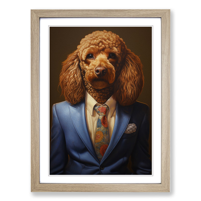 Poodle In A Suit - Single Picture Frame Print on Wood, Oak, 46cm H x 34cm W x 2cm D