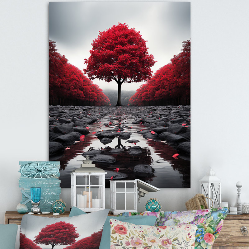 Rouge et gris forêt sérénité - art mural forêt, Toile tendue, H 32 po x l 16 po x P 1 po