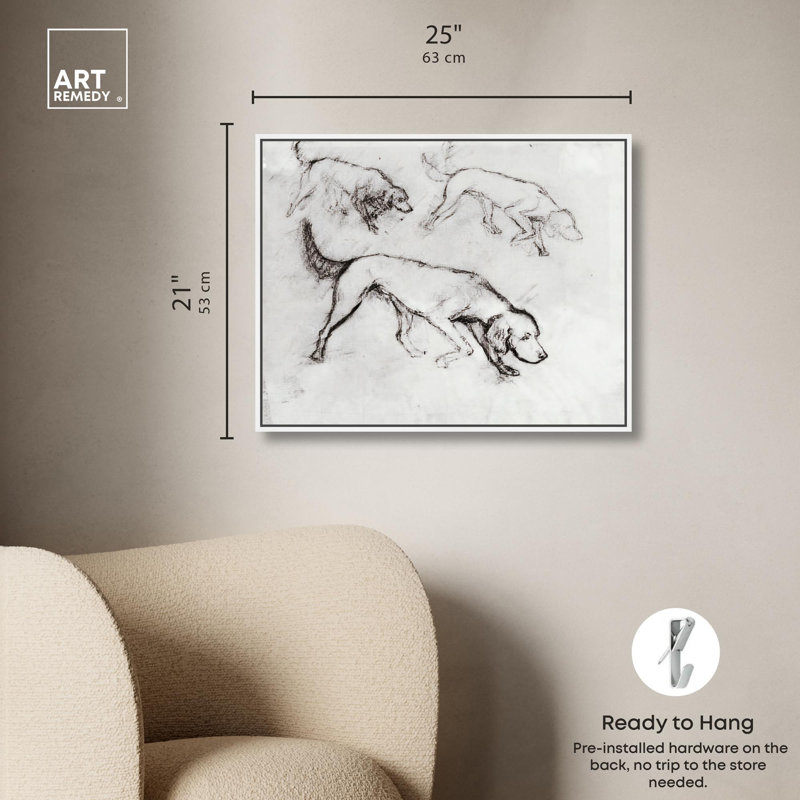 Chiens qui courent sur toile, art rétro par Art Remedy, H 21 po x l 25 po, Cadre flottant blanc