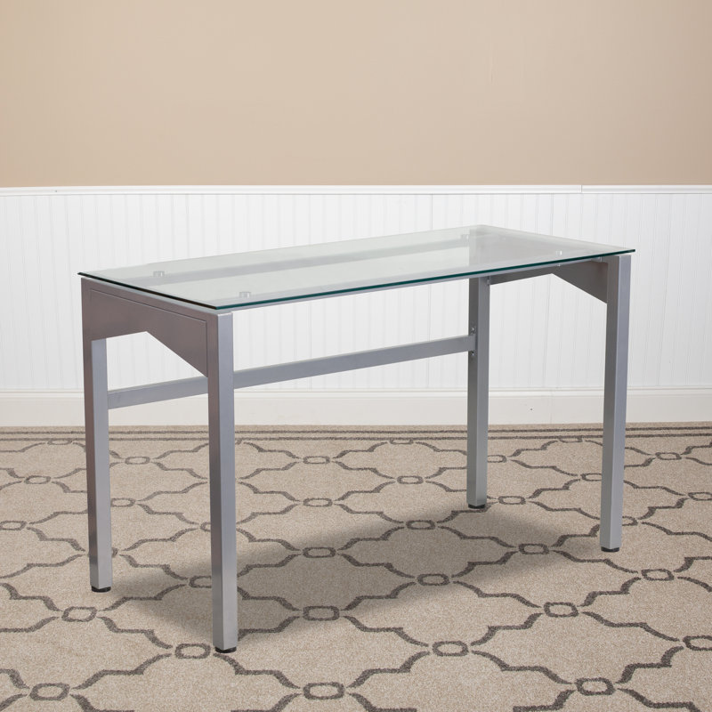Jenise Contemporary Clear Tempered Glass Desk with Geometric Sides and Silver Frame
