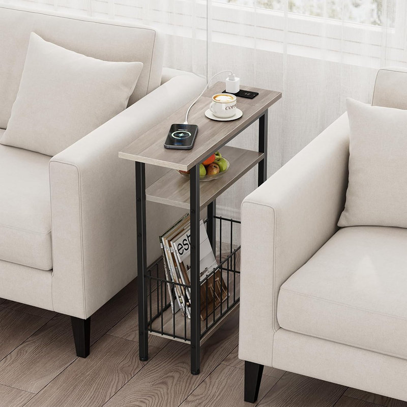 Narrow Side Table With Charging Station, Skinny Side End Table For Couch, 3-Tier Small End Tables For Small Spaces, 25.2" Tall Slim Nightstand Bedside Table For Living Room, Bedroom, Greige