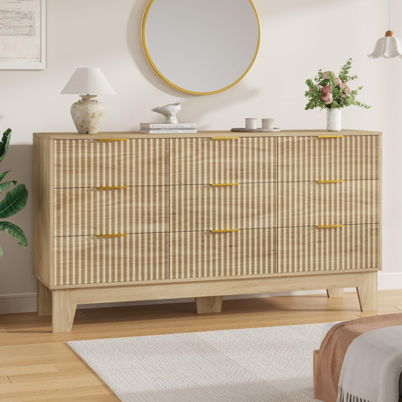 Commode 9 tiroirs pour chambre à coucher, commode cannelée de 59 po de largeur avec poignée en métal, Yellow