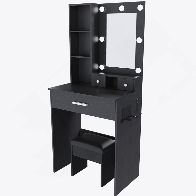 Makeup Vanity Table With LED Mirror And Stool, White, Black