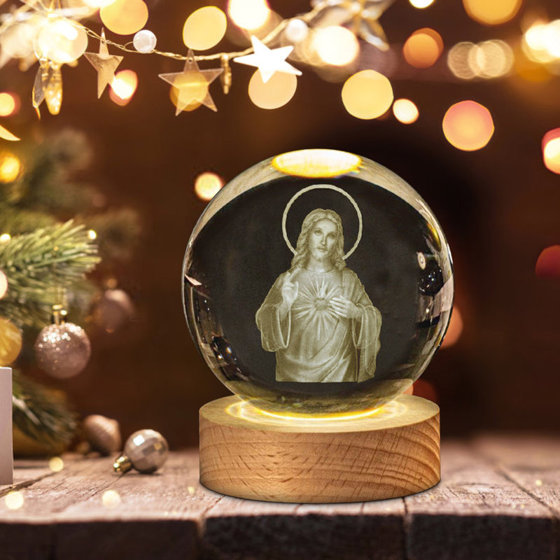 Statue veilleuse en cristal gravée veilleuse avec support en bois