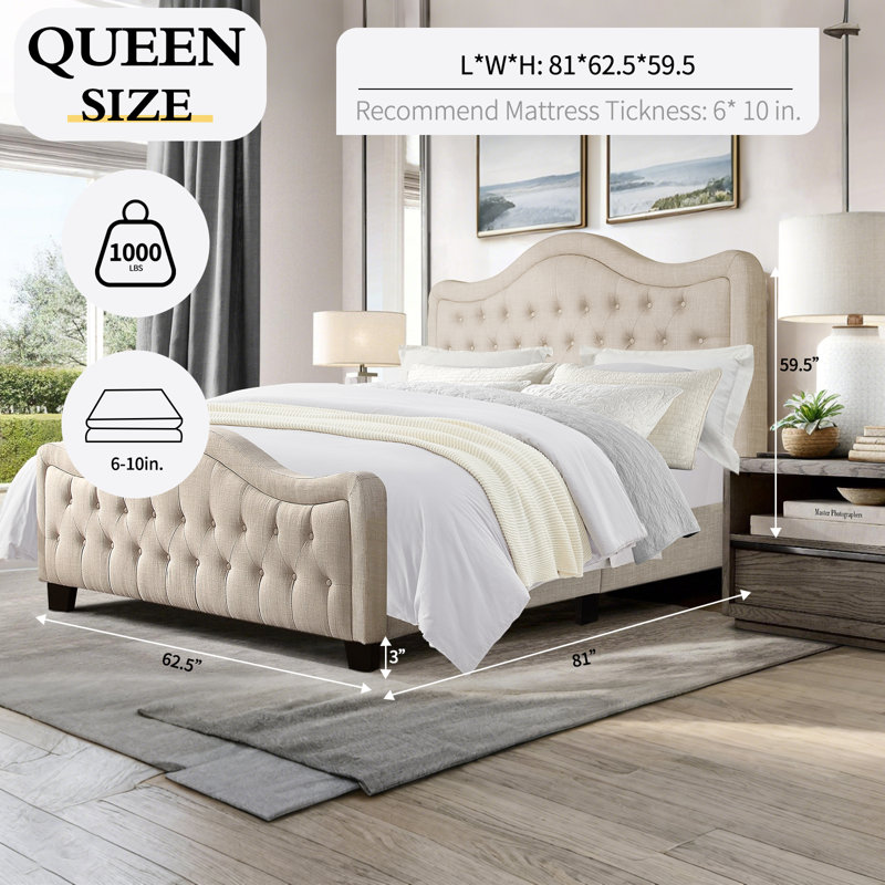 Lark Manor™ Upholstered Tufted Natural Linen Adjustable Headboard Bed, Beige, Queen