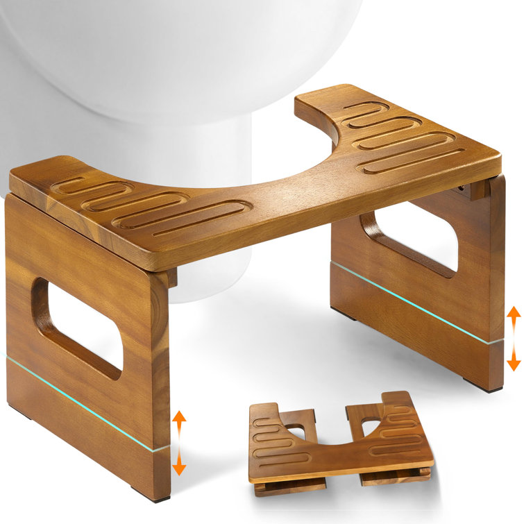 Foldable Toilet Stool, 7'' And 9'' Adjustable Heights Acacia Wood Poop Stool For Potty Training,Durable Collapsible Bathroom Stool, Adjustable Height For Family Members With Non-Slip Layer